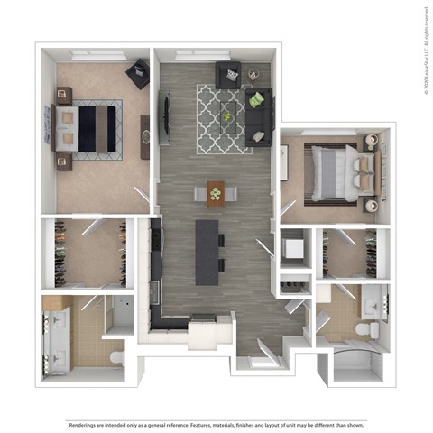 Floor plan for 2 beds, 2 baths, 1068 sqft